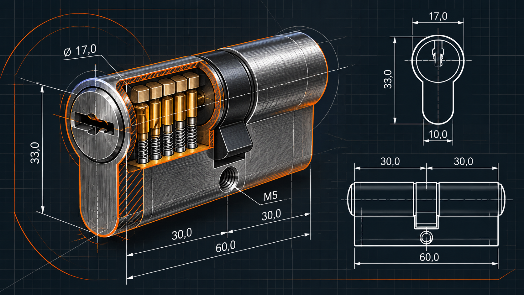 Illustrazione approvata di un cilindro in sezione con riferimenti CAD. Le quote sono illustrative e non costituiscono specifiche tecniche certificate.